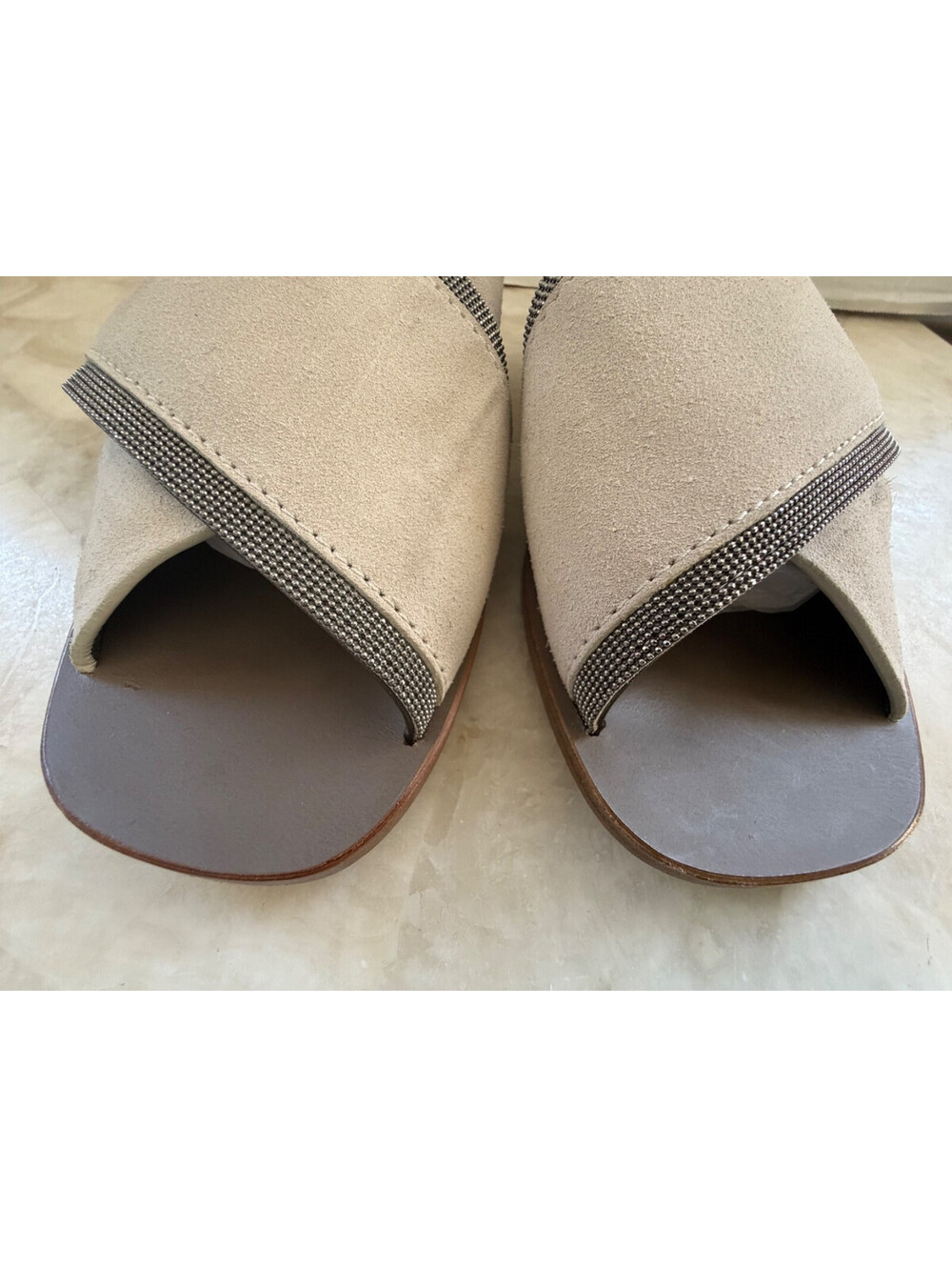 Brunello Cucinelli Suede Monili Beaded Crisscross Slide Sandals Beige Taupe 38.5 - Picture 5 of 14